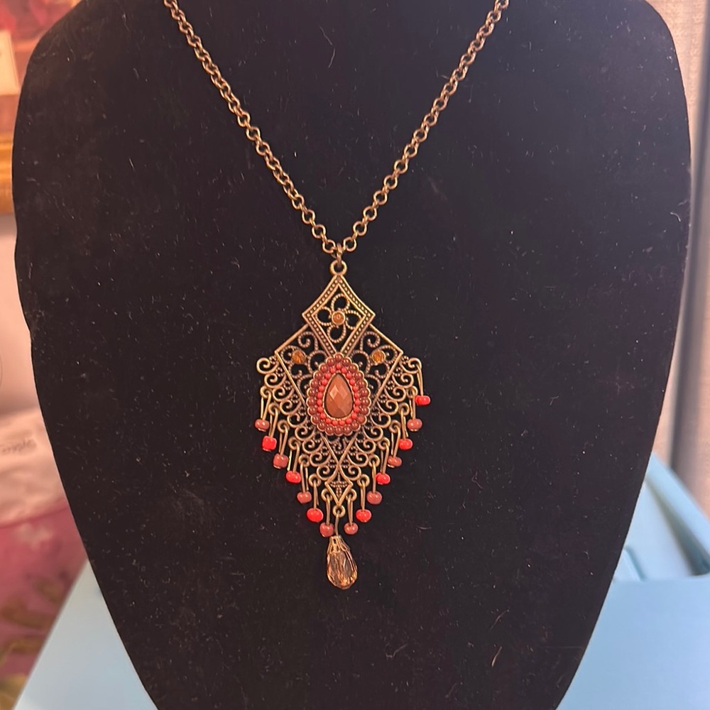 Bohemian style pendant, antique brass chain. Beautiful coral and brown tones